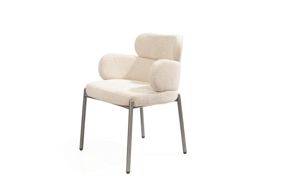 Beige and Gunmetal Boucle and Steel Dining Arm Chair HomeRoots