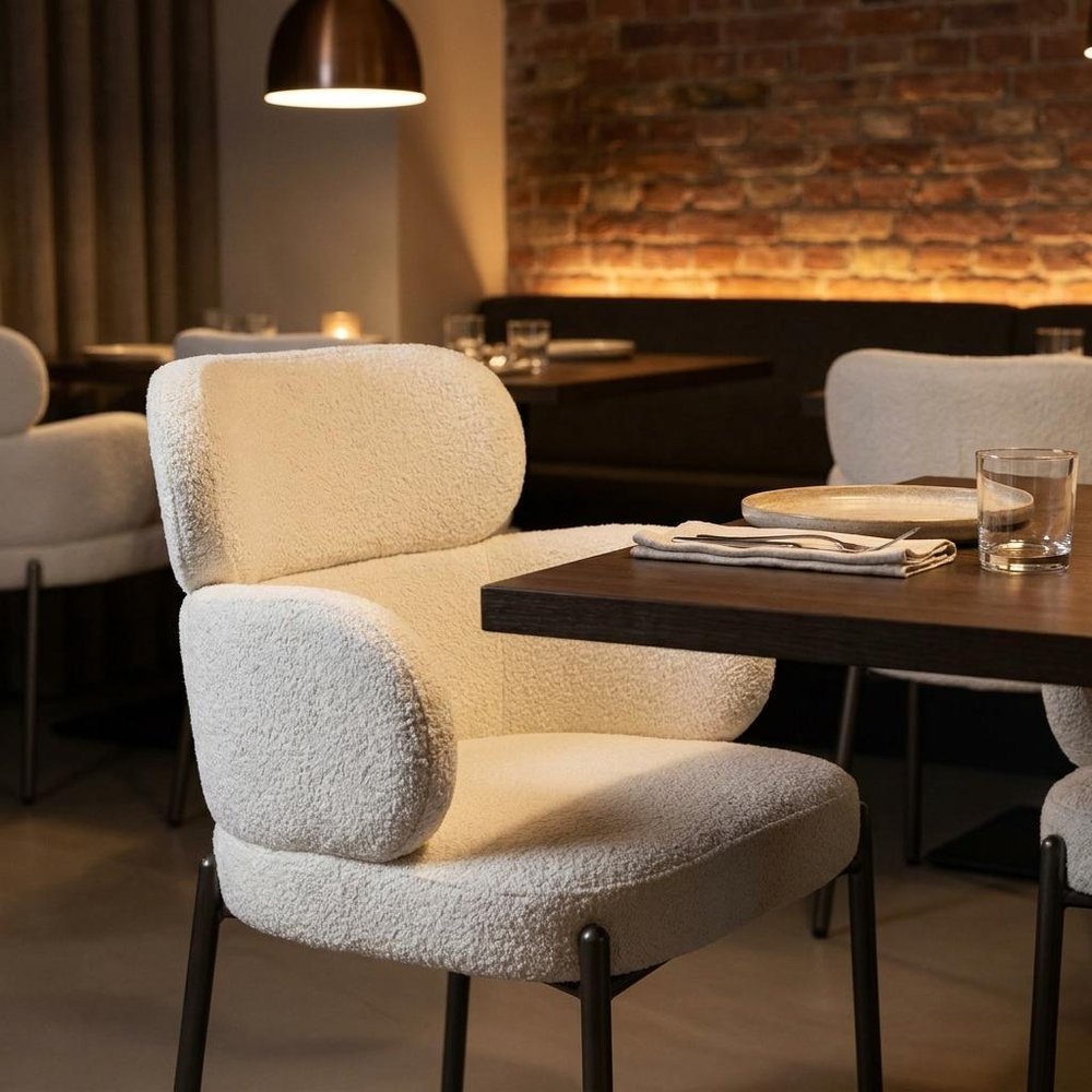 Beige and Gunmetal Boucle and Steel Dining Arm Chair HomeRoots