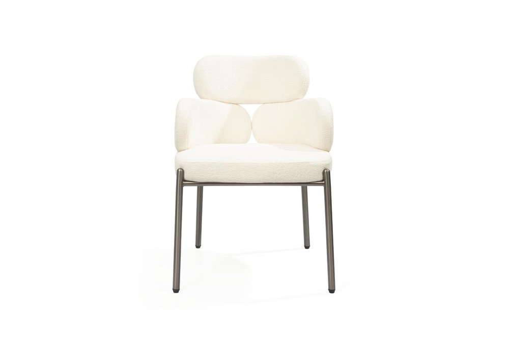Beige and Gunmetal Boucle and Steel Dining Arm Chair HomeRoots