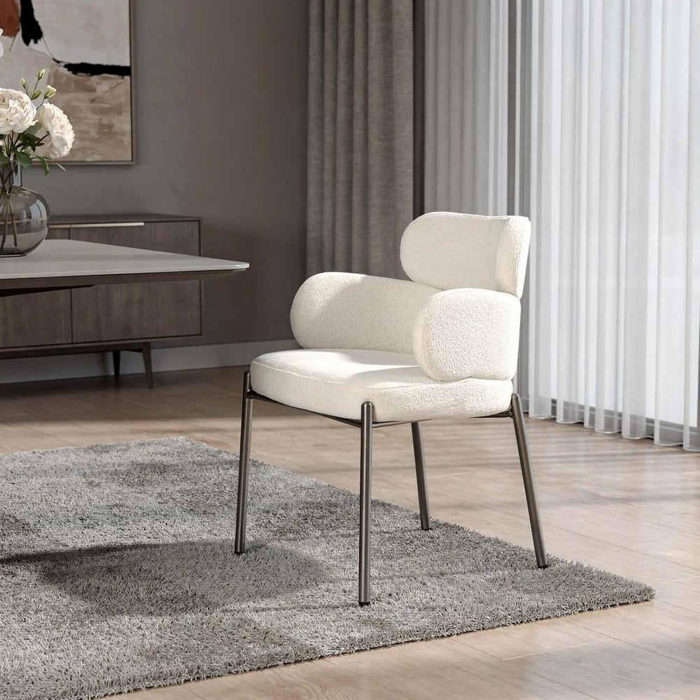 Beige and Gunmetal Boucle and Steel Dining Arm Chair HomeRoots