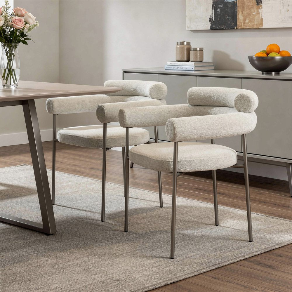 Set of Two Light Gray and Gunmetal Boucle and Stainless Steel Open Back Dining Arm Chairs HomeRoots