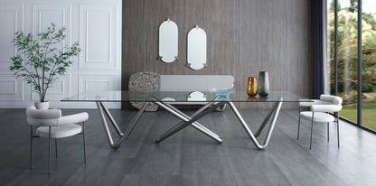 Set of Two Light Gray and Gunmetal Boucle and Stainless Steel Open Back Dining Arm Chairs HomeRoots