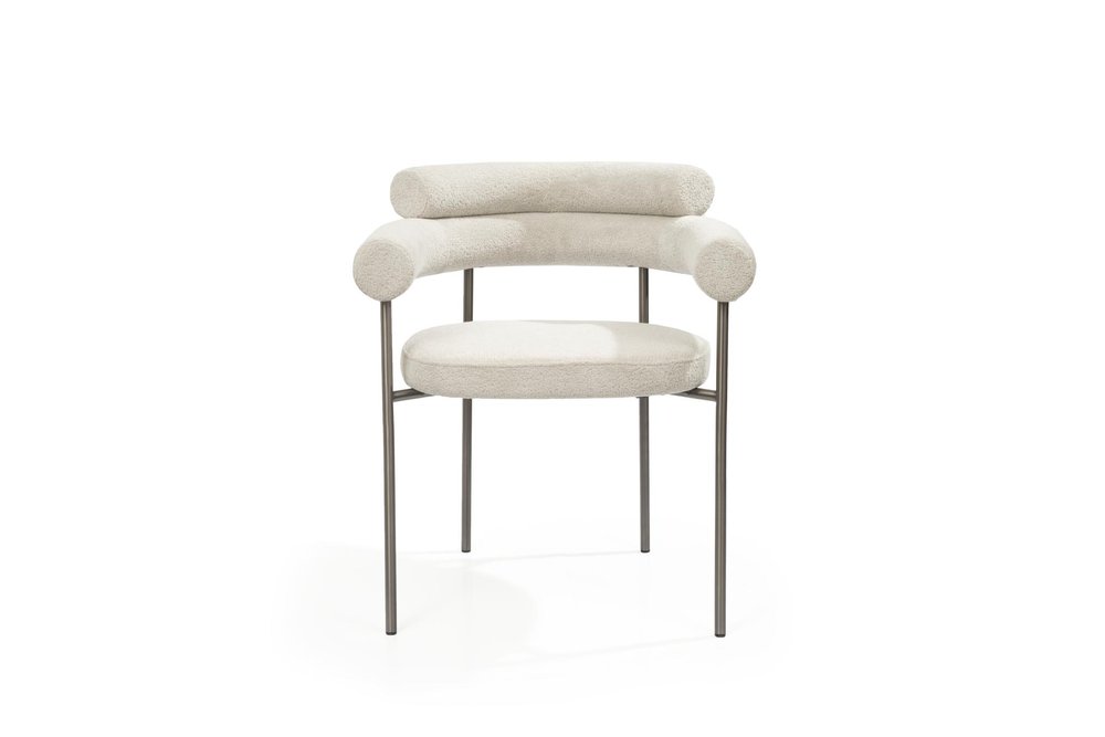 Set of Two Light Gray and Gunmetal Boucle and Stainless Steel Open Back Dining Arm Chairs HomeRoots