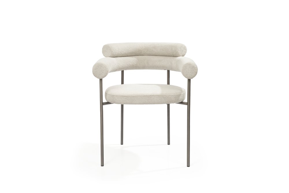 Set of Two Light Gray and Gunmetal Boucle and Stainless Steel Open Back Dining Arm Chairs HomeRoots