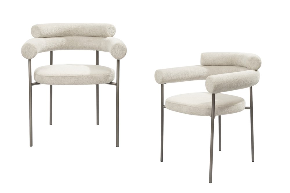 Set of Two Light Gray and Gunmetal Boucle and Stainless Steel Open Back Dining Arm Chairs HomeRoots