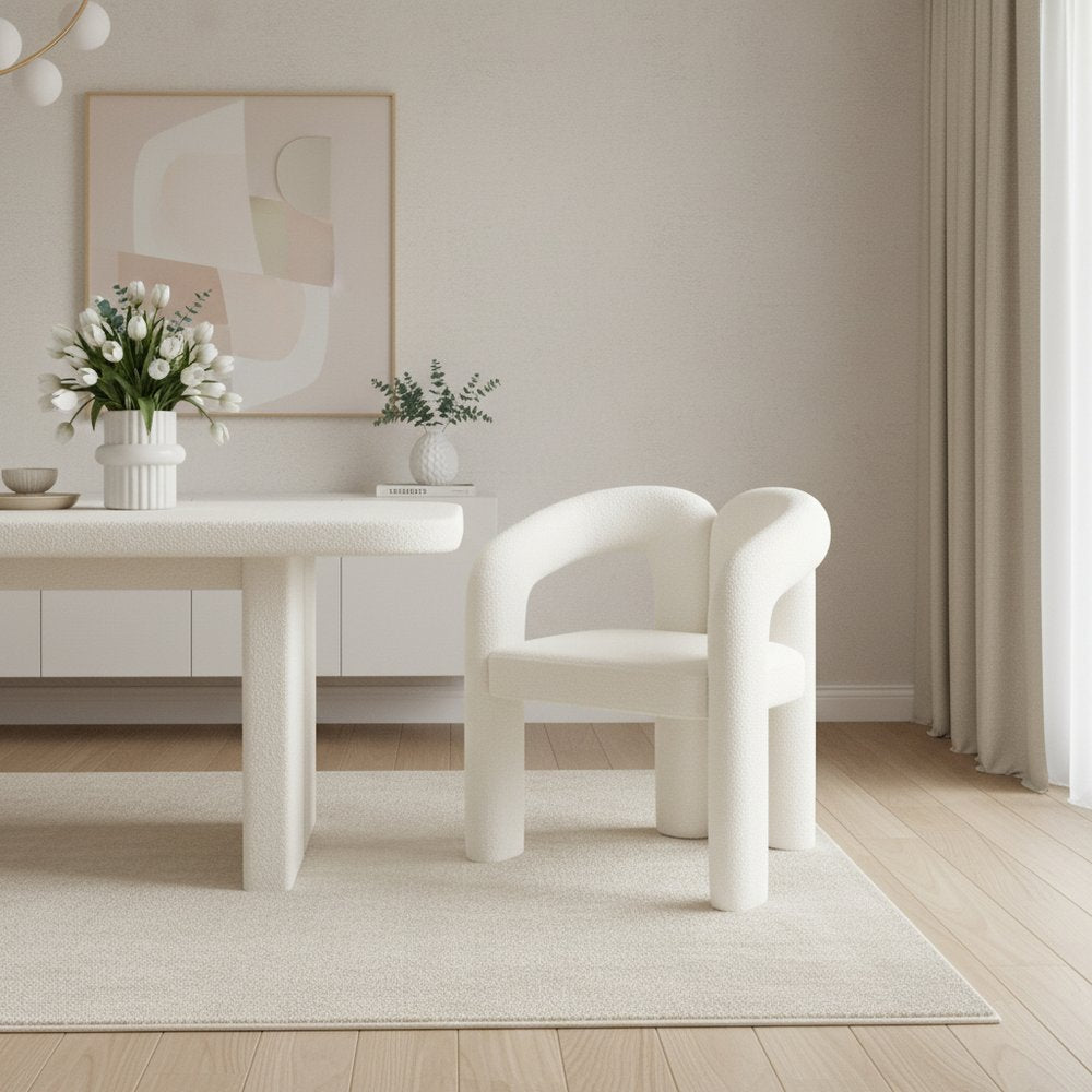 White Boucle Partially Open Back Dining Arm Chair HomeRoots