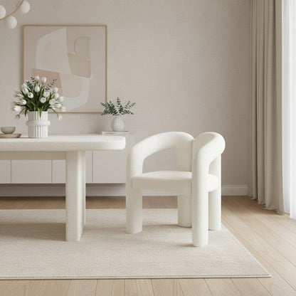 White Boucle Partially Open Back Dining Arm Chair HomeRoots