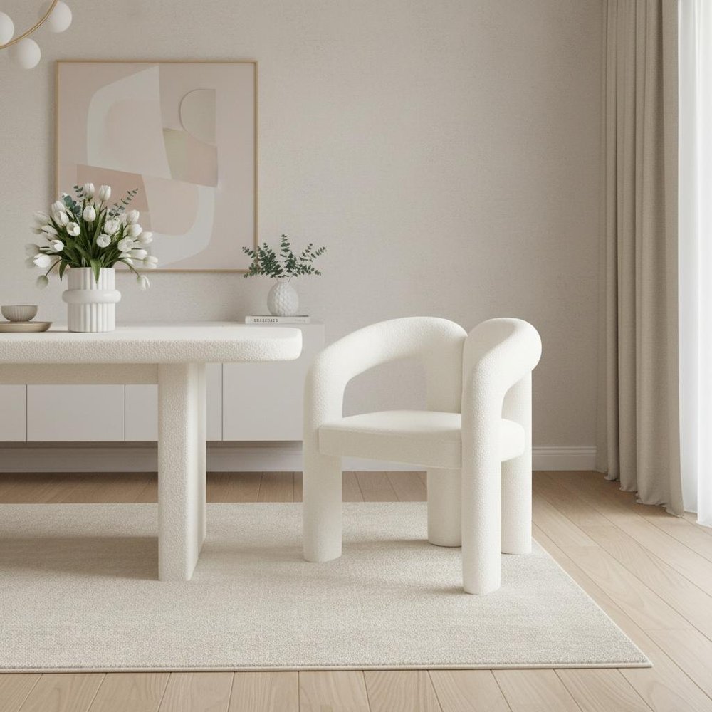 White Boucle Partially Open Back Dining Arm Chair HomeRoots