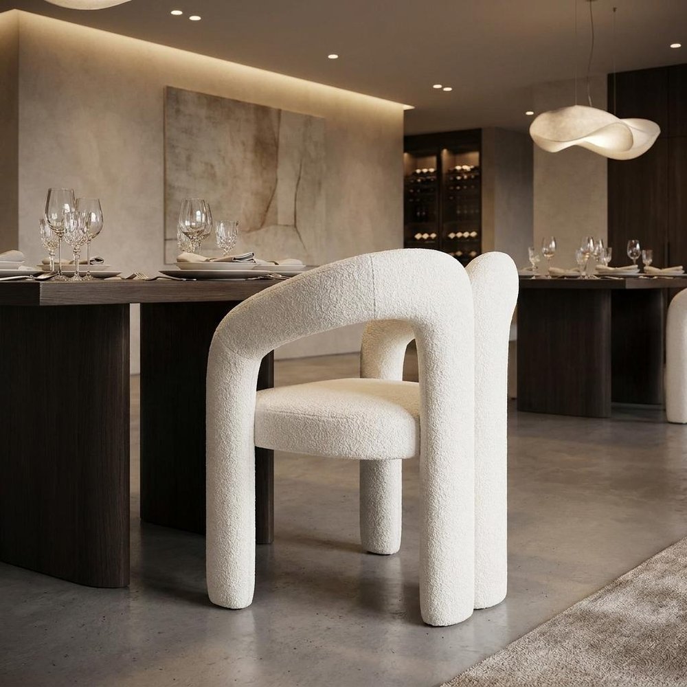 White Boucle Partially Open Back Dining Arm Chair — view 9