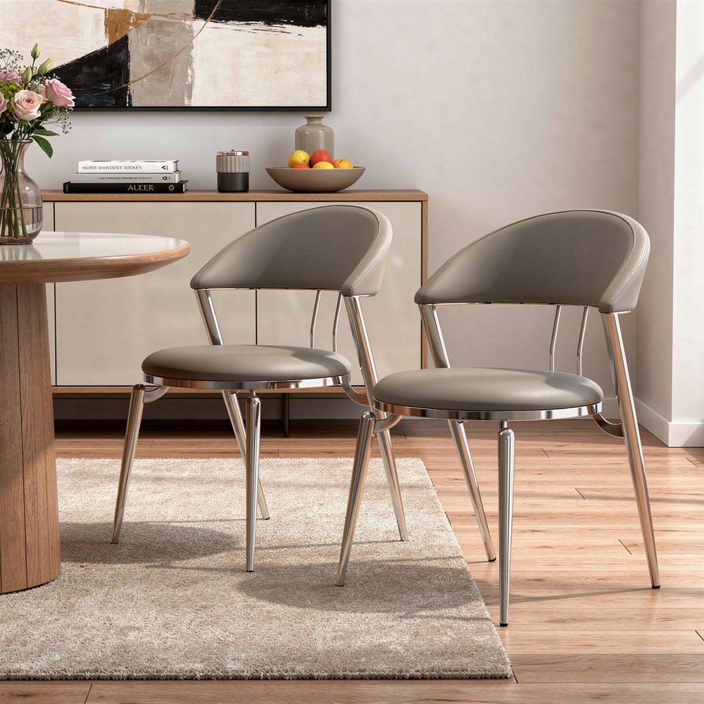 Set of Two Gray and Silver Faux Leather and Stainless Steel Open Back Dining Side Chairs HomeRoots