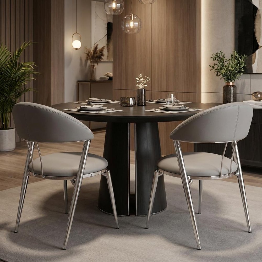 Set of Two Gray and Silver Faux Leather and Stainless Steel Open Back Dining Side Chairs HomeRoots