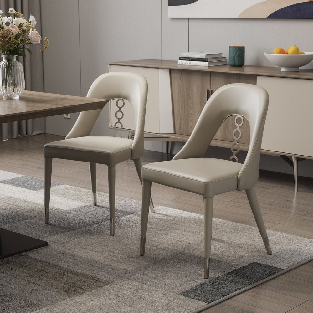 Set of Two Gray and Silver Faux Leather and Stainless Steel Dining Side Chairs HomeRoots