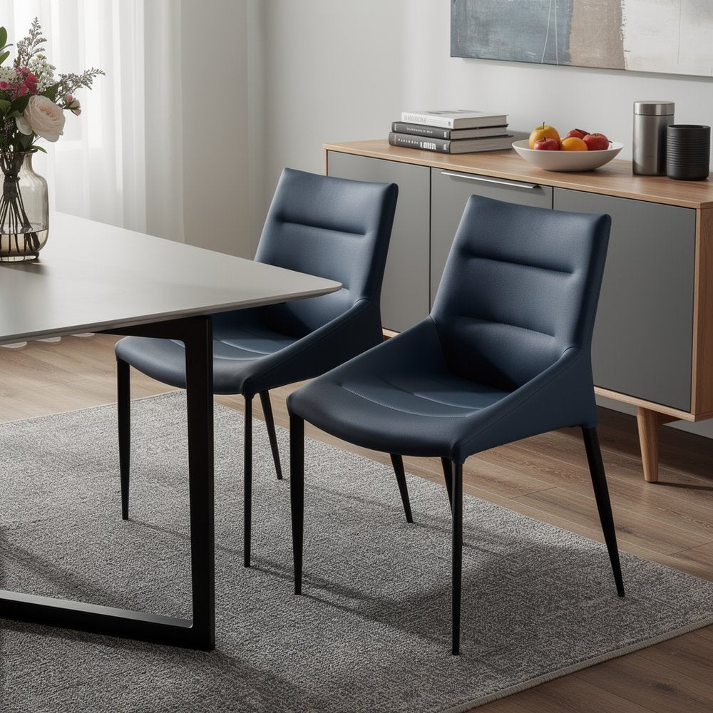 Set of Two Navy Blue and Black Faux Leather and Metal Dining Side Chairs HomeRoots