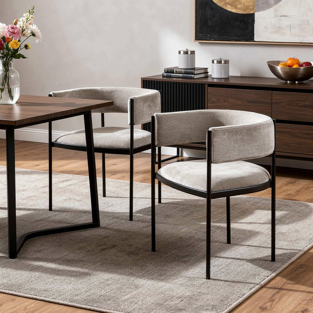 Set of Two Light Gray and Black Fabric and Steel Open Back Dining Arm Chairs HomeRoots