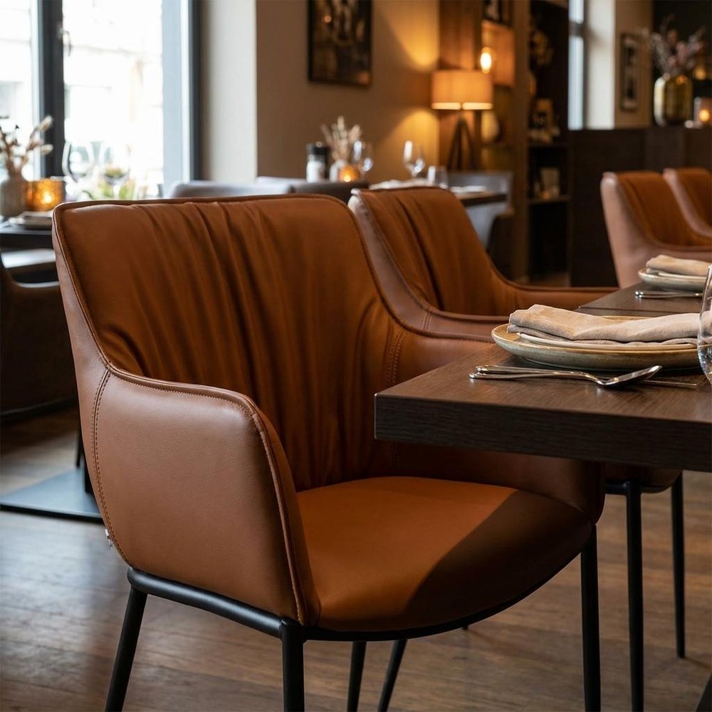 Brown and Black Faux Leather and Steel Dining Arm Chair — view 8