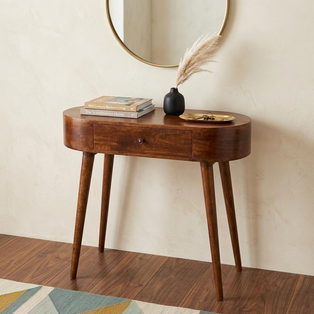 32" Chestnut Solid Wood Oval Console Table With Drawer HomeRoots