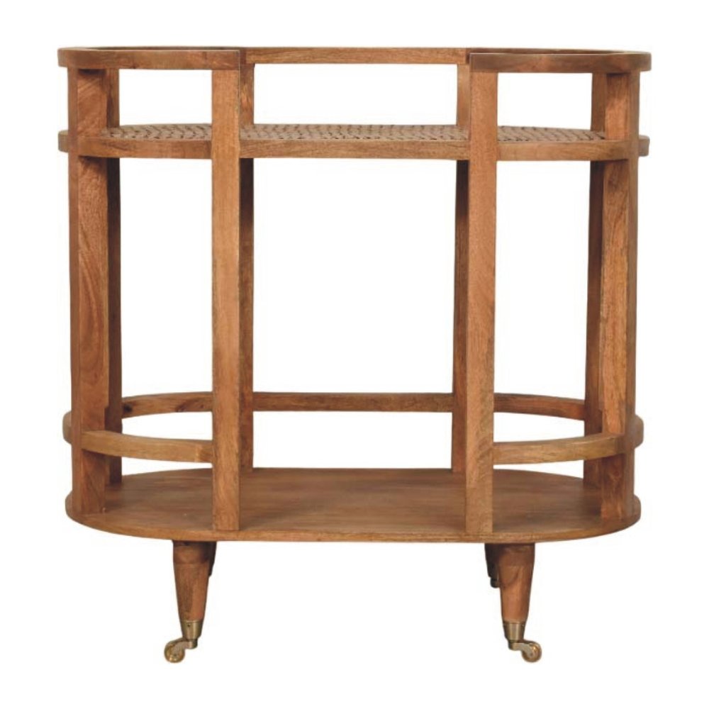 35" Golden Brown Rattan and Solid Wood Oval Wheel Console Table With Shelf — view 2