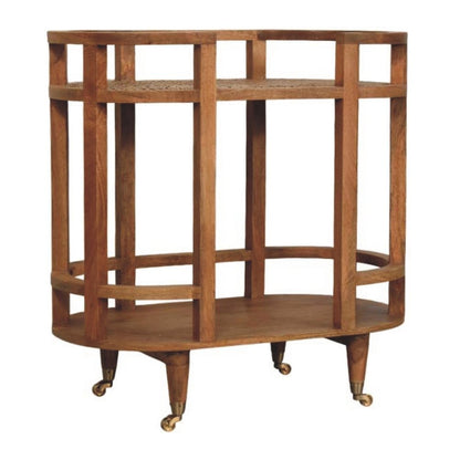 35" Golden Brown Rattan and Solid Wood Oval Wheel Console Table With Shelf HomeRoots