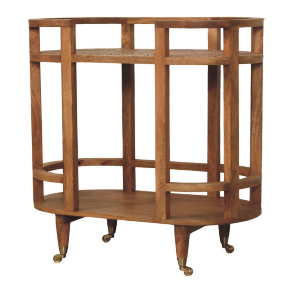 35" Golden Brown Rattan and Solid Wood Oval Wheel Console Table With Shelf — view 6