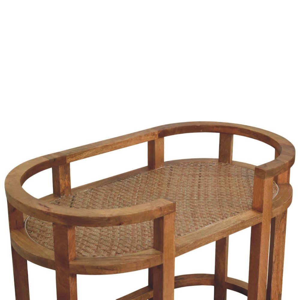 35" Golden Brown Rattan and Solid Wood Oval Wheel Console Table With Shelf HomeRoots