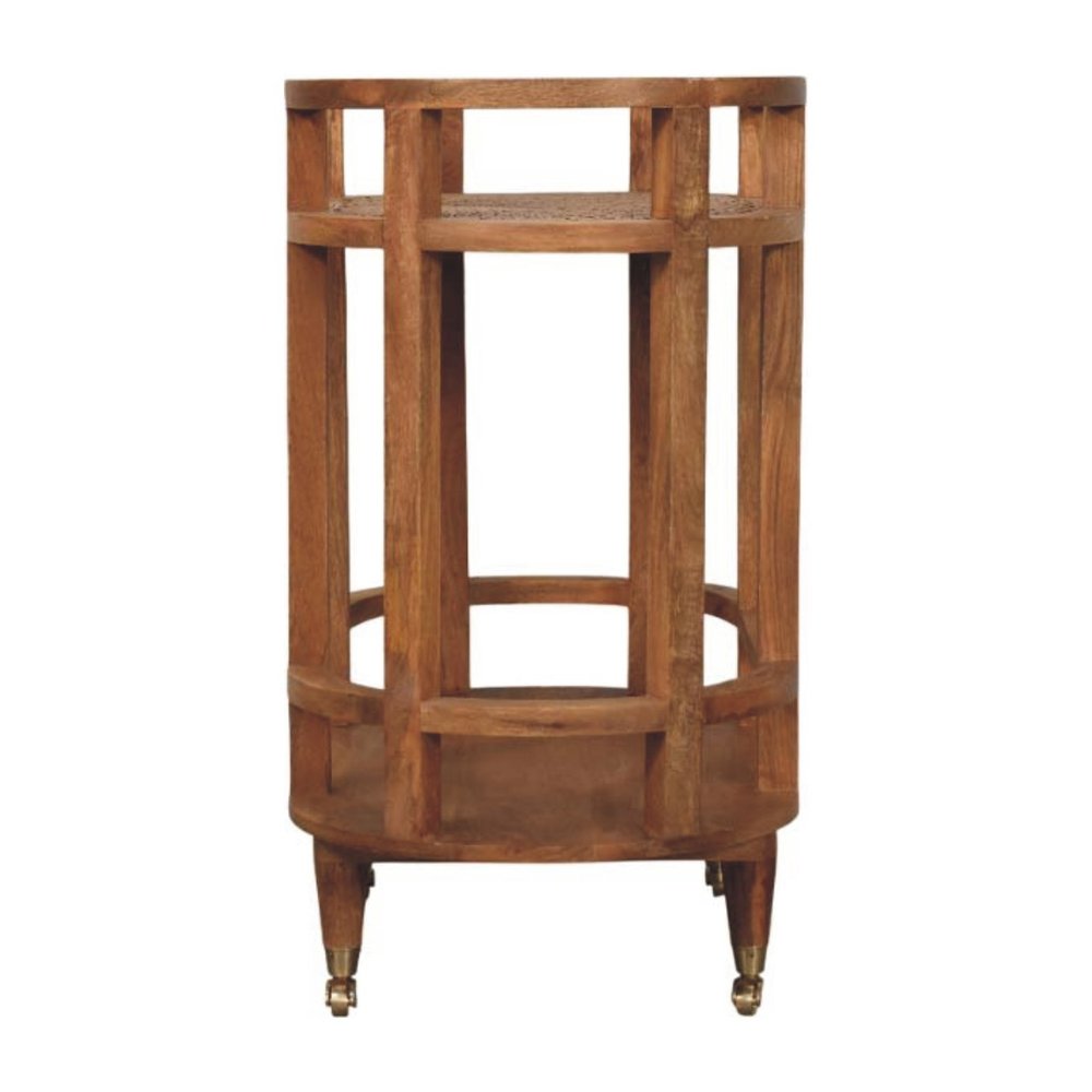 35" Golden Brown Rattan and Solid Wood Oval Wheel Console Table With Shelf HomeRoots