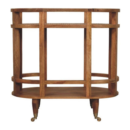 35" Golden Brown Rattan and Solid Wood Oval Wheel Console Table With Shelf HomeRoots
