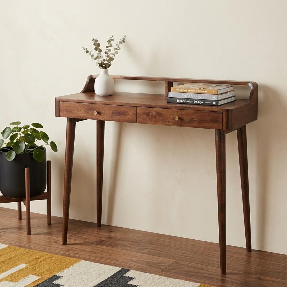 39" Chestnut Solid Wood Console Table With Shelf And Two Drawers HomeRoots