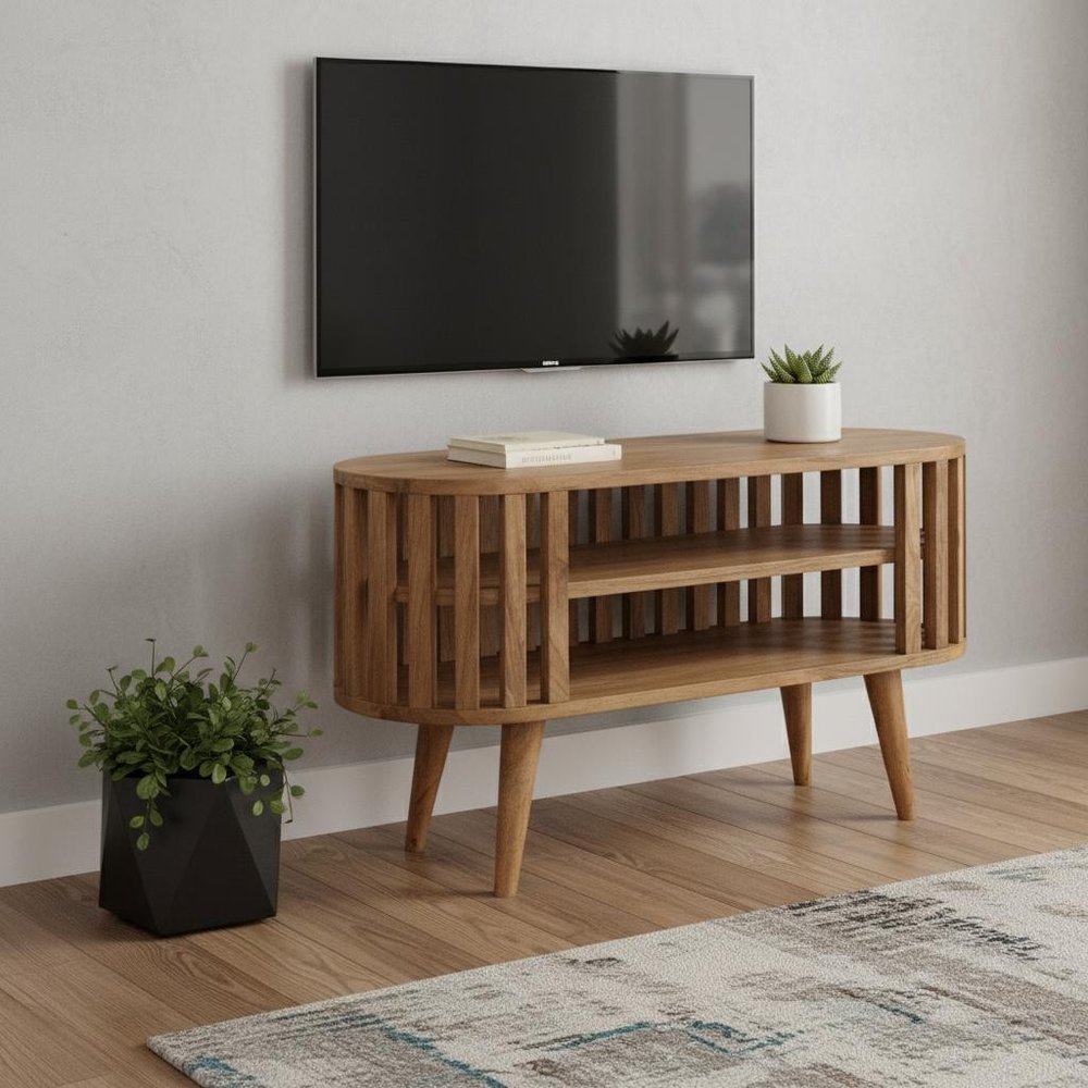 35" Brown Solid Wood Enclosed and Open Storage TV Stand HomeRoots