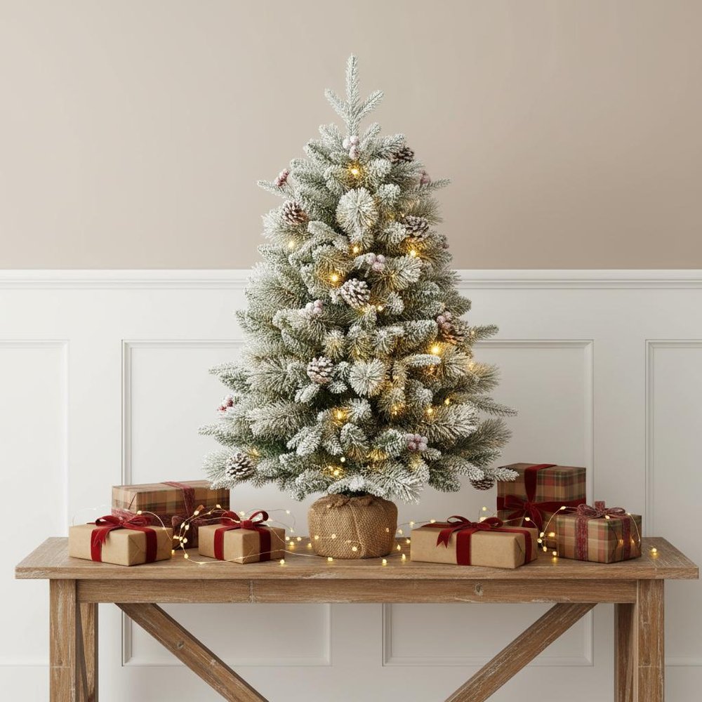 3' Full Flocked Pine Christmas Tree With Decorations HomeRoots
