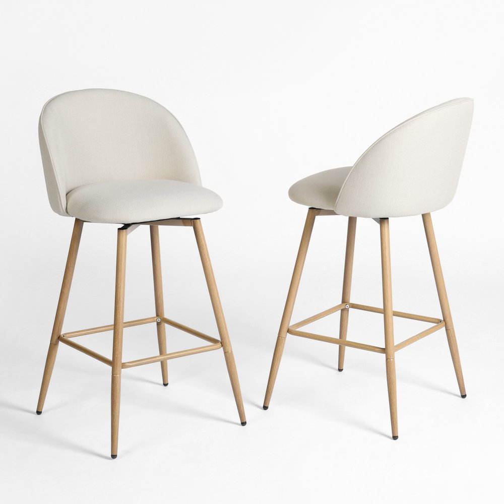 Set of Two 27" Beige And Oak Fabric And Metal Low Back Counter Height Swivel Bar Chairs HomeRoots