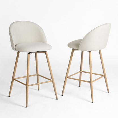 Set of Two 27" Beige And Oak Fabric And Metal Low Back Counter Height Swivel Bar Chairs HomeRoots