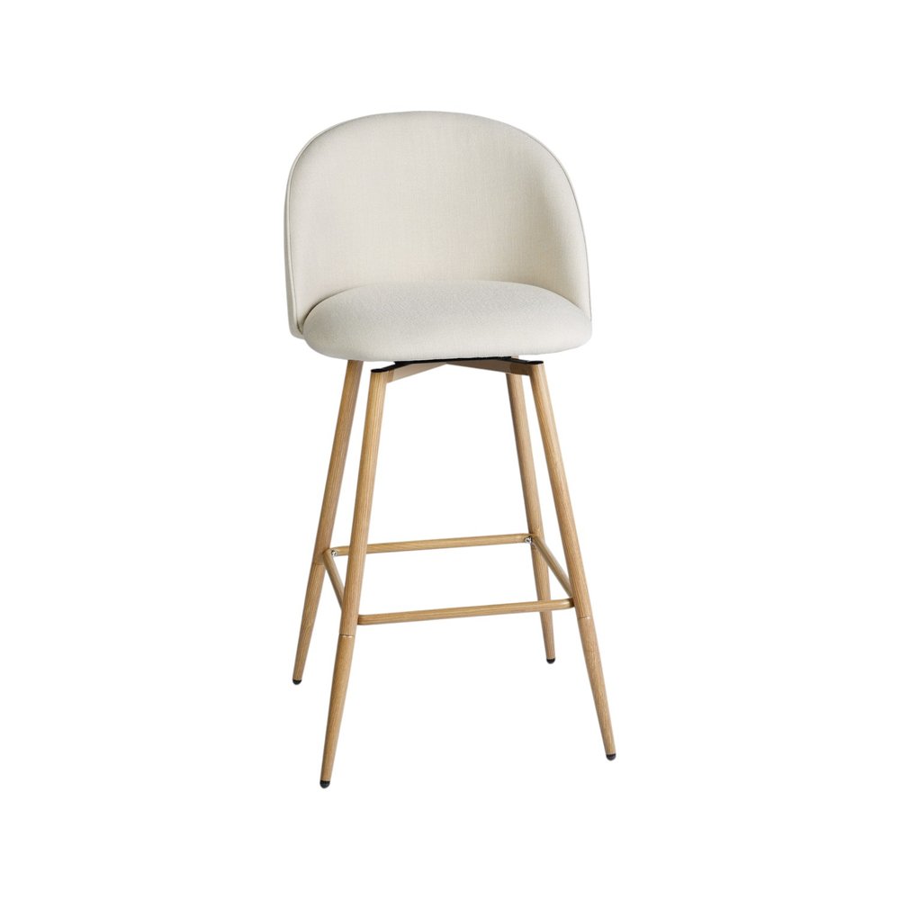 Set of Two 27" Beige And Oak Fabric And Metal Low Back Counter Height Swivel Bar Chairs HomeRoots