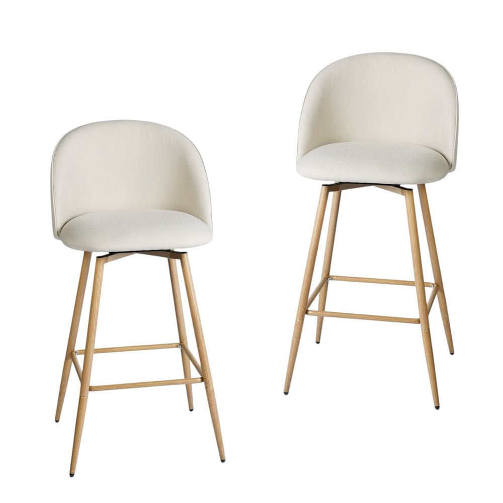 Set of Two 27" Beige And Oak Fabric And Metal Low Back Counter Height Swivel Bar Chairs HomeRoots