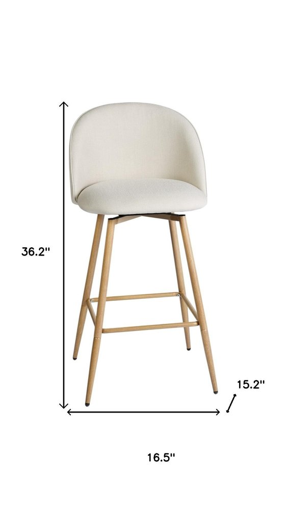 Set of Two 27" Beige And Oak Fabric And Metal Low Back Counter Height Swivel Bar Chairs HomeRoots