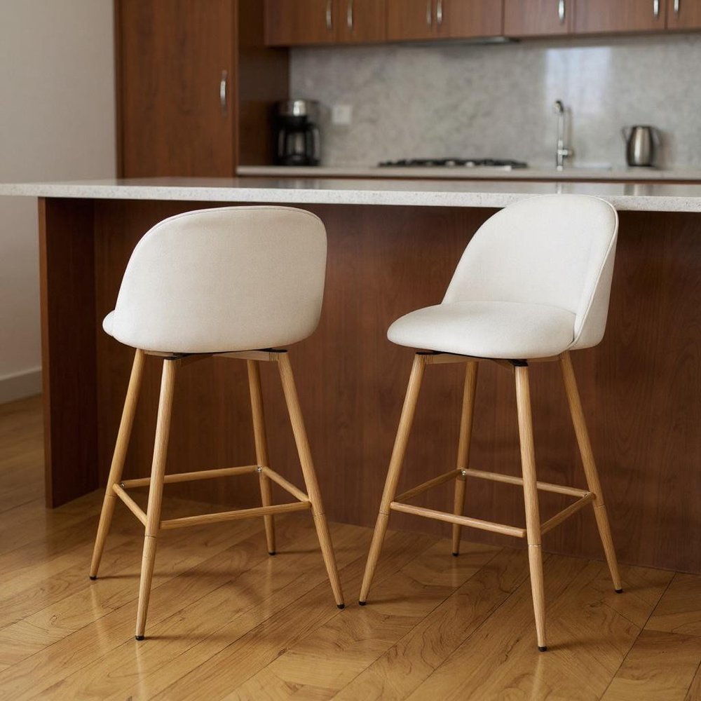 Set of Two 27" Beige And Oak Fabric And Metal Low Back Counter Height Swivel Bar Chairs HomeRoots