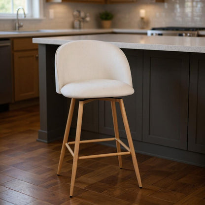 Set of Two 27" Beige And Oak Fabric And Metal Low Back Counter Height Swivel Bar Chairs HomeRoots