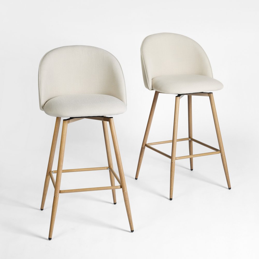 Set of Two 27" Beige And Oak Fabric And Metal Low Back Counter Height Swivel Bar Chairs HomeRoots