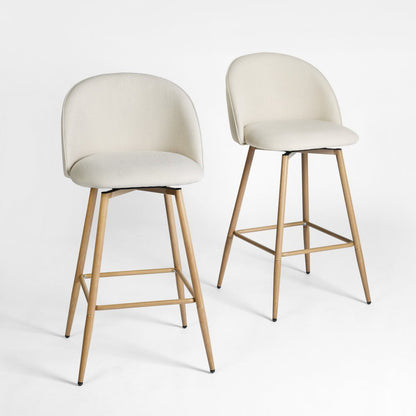 Set of Two 27" Beige And Oak Fabric And Metal Low Back Counter Height Swivel Bar Chairs HomeRoots