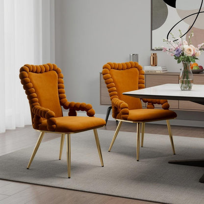 Set of Two Orange And Gold Velvet And Metal Dining Arm Chairs HomeRoots