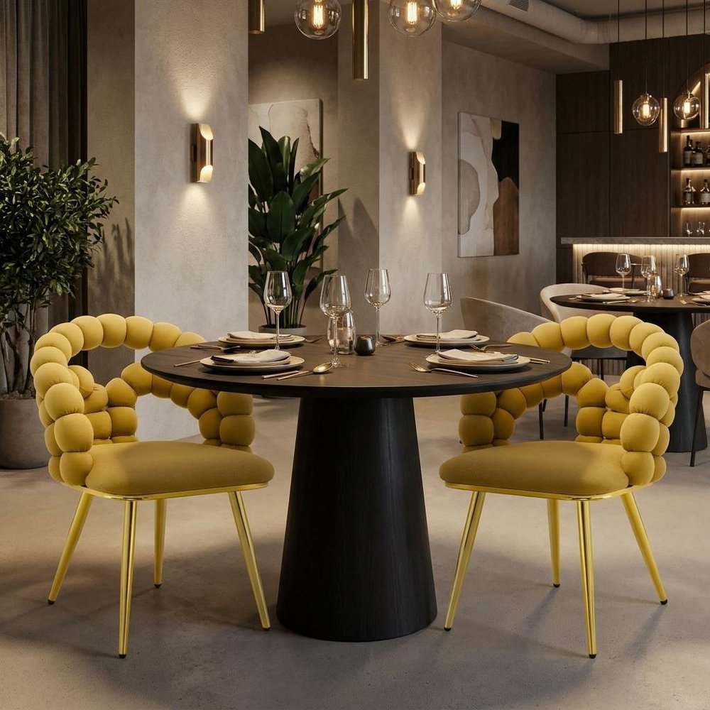 Set of Two Yellow And Gold Velvet And Metal Open Back Dining Arm Chairs HomeRoots