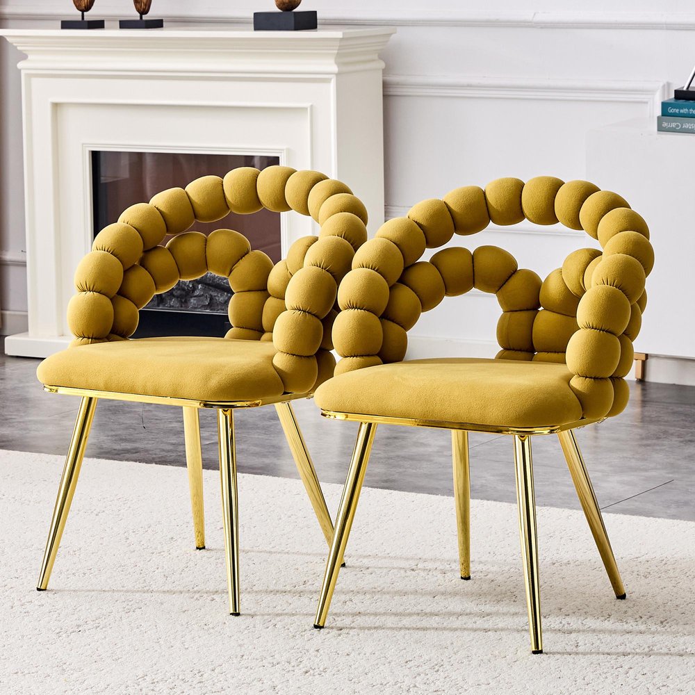 Set of Two Yellow And Gold Velvet And Metal Open Back Dining Arm Chairs HomeRoots