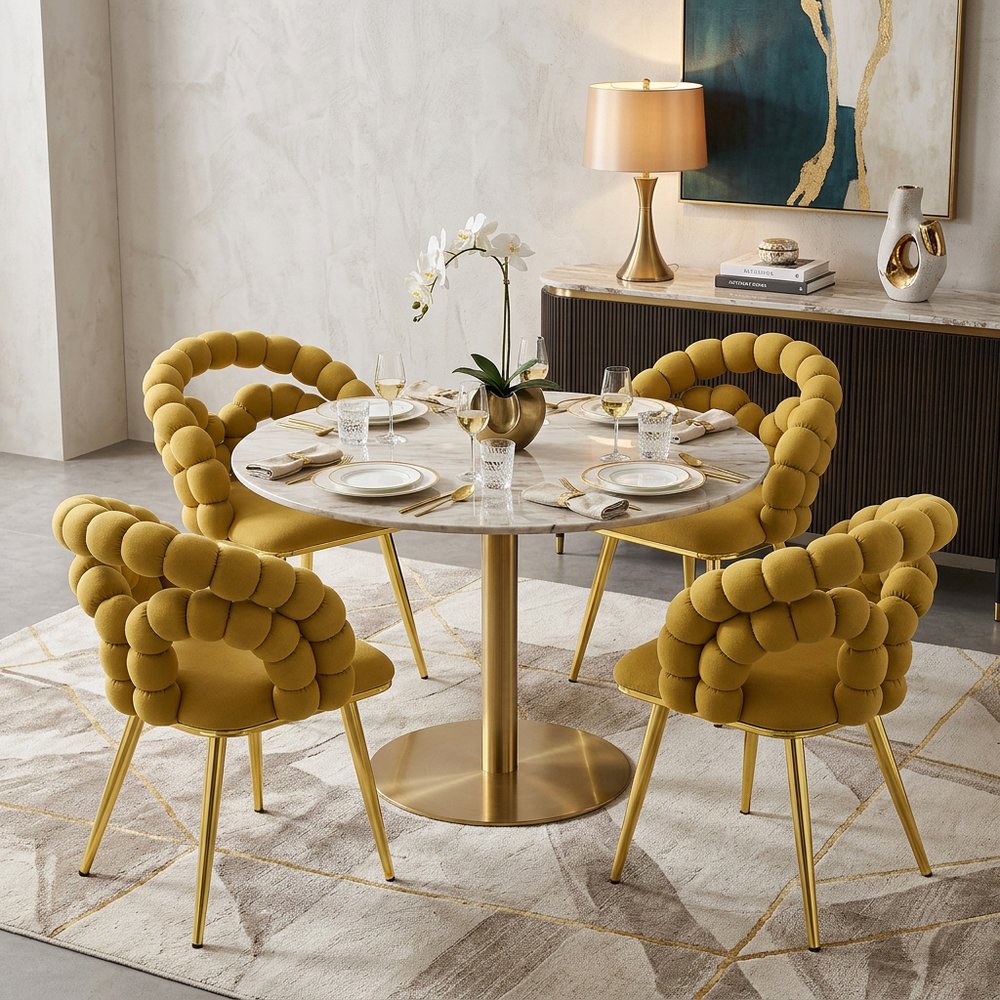 Set of Two Yellow And Gold Velvet And Metal Open Back Dining Arm Chairs — view 12