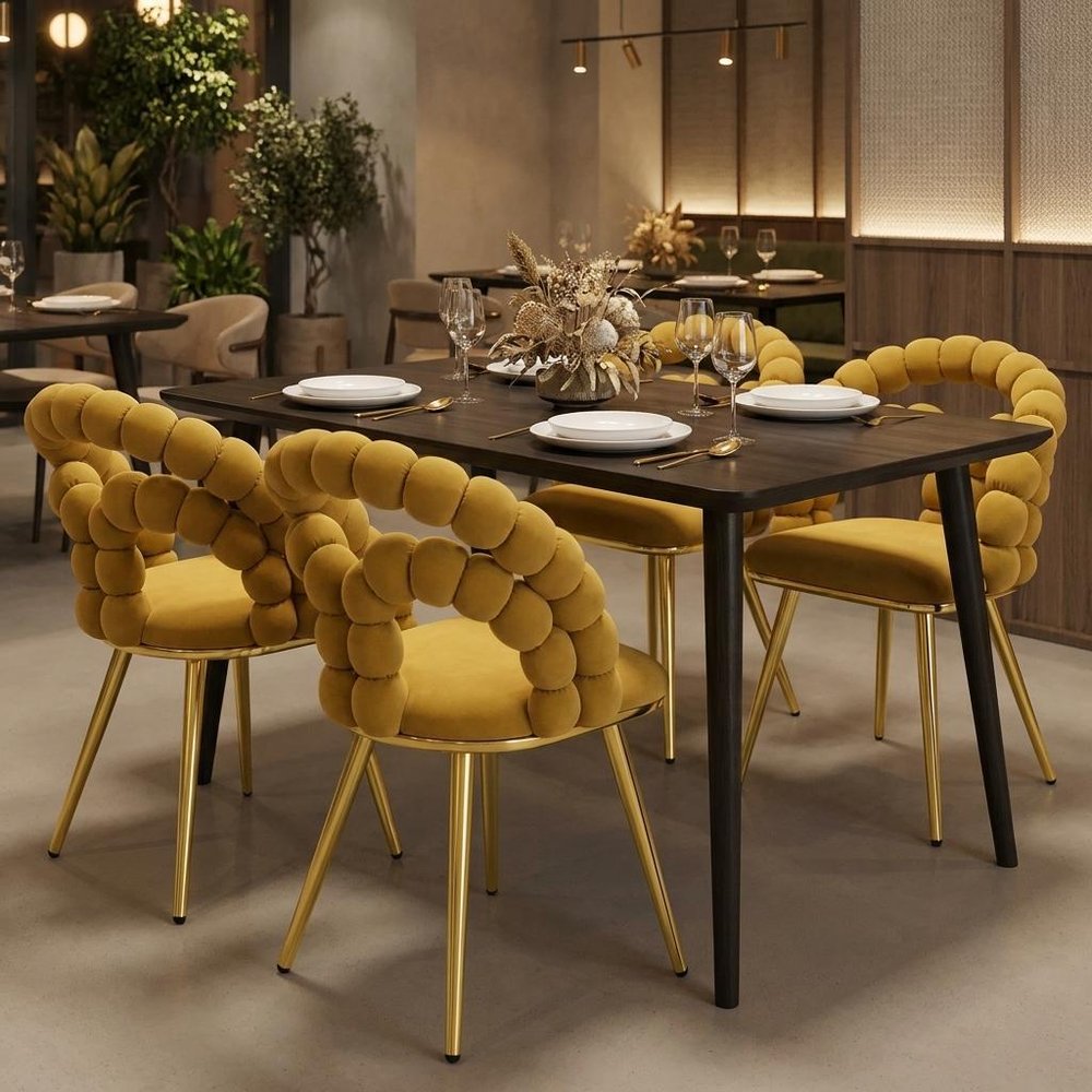 Set of Two Yellow And Gold Velvet And Metal Open Back Dining Arm Chairs — view 13
