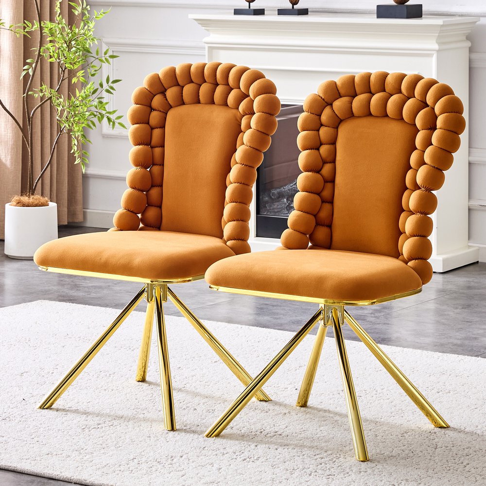 Set of Two Orange and Gold Velvet Dining Side Chairs HomeRoots