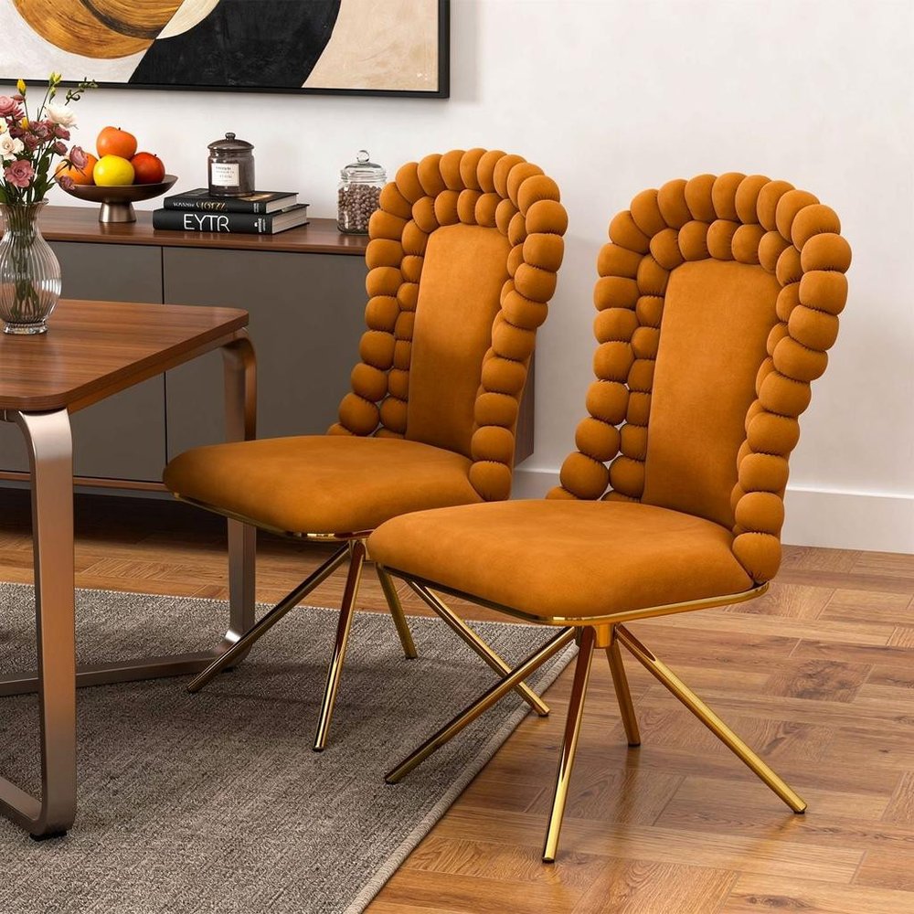 Set of Two Orange and Gold Velvet Dining Side Chairs HomeRoots