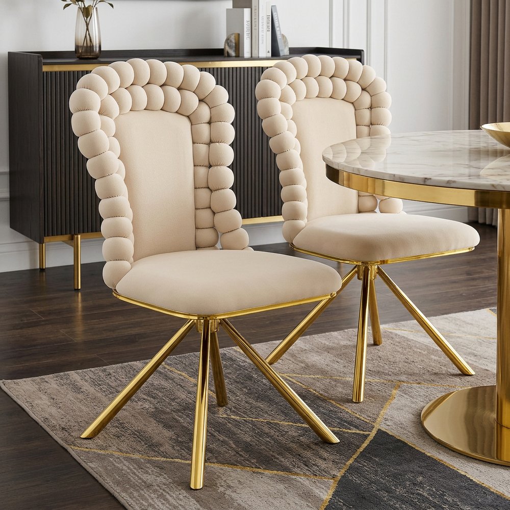 Set of Two Beige and Gold Velvet Dining Side Chairs HomeRoots