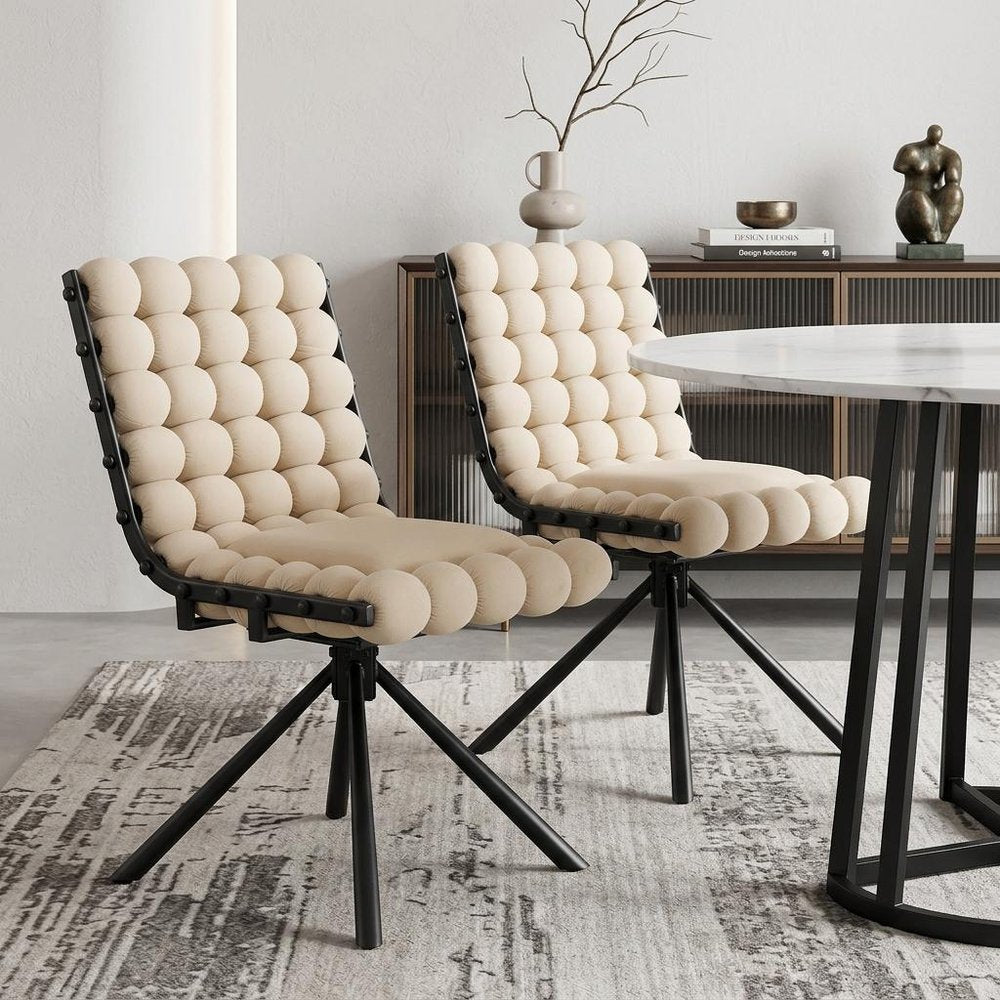 Set of Two Beige and Black Bubble Tufted Microfiber Dining Side Chairs — view 2