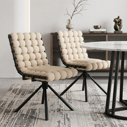 Set of Two Beige and Black Bubble Tufted Microfiber Dining Side Chairs HomeRoots