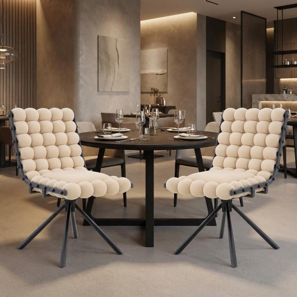 Set of Two Beige and Black Bubble Tufted Microfiber Dining Side Chairs — view 1