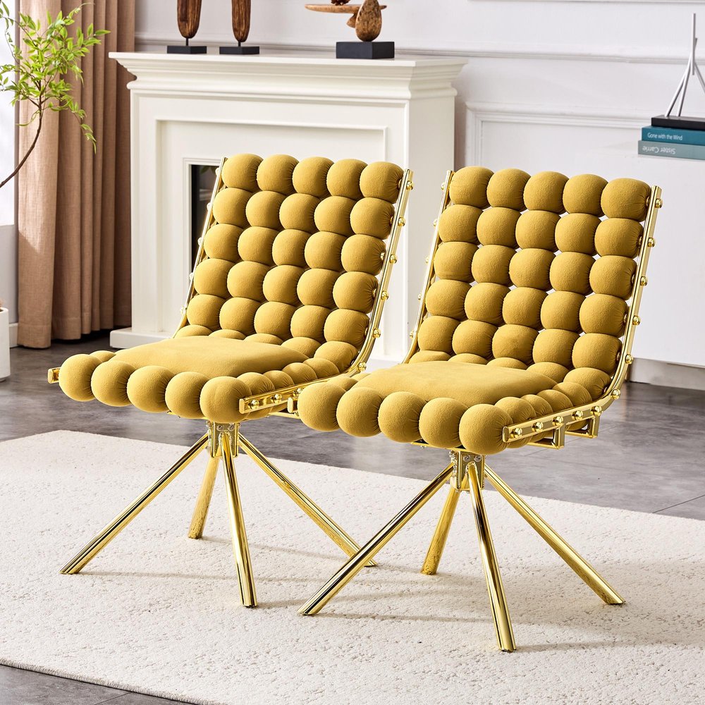 Set of Two Beige and Black Bubble Tufted Microfiber Dining Side Chairs — view 14